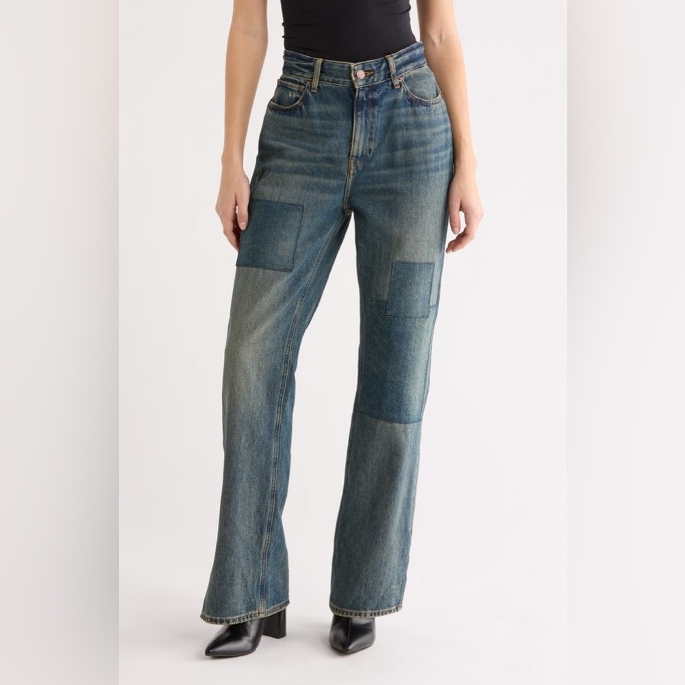 Good American -  The Khloé High Waist Patch Denim Straight Leg Jeans - sz 8 nwt